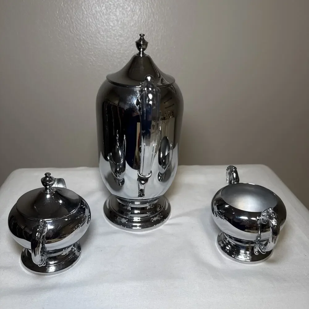 Vintage Dorothy Thorpe Originals Chrome Coffee Set MCM Hollywood Regency 3pc - Picture 4 of 15